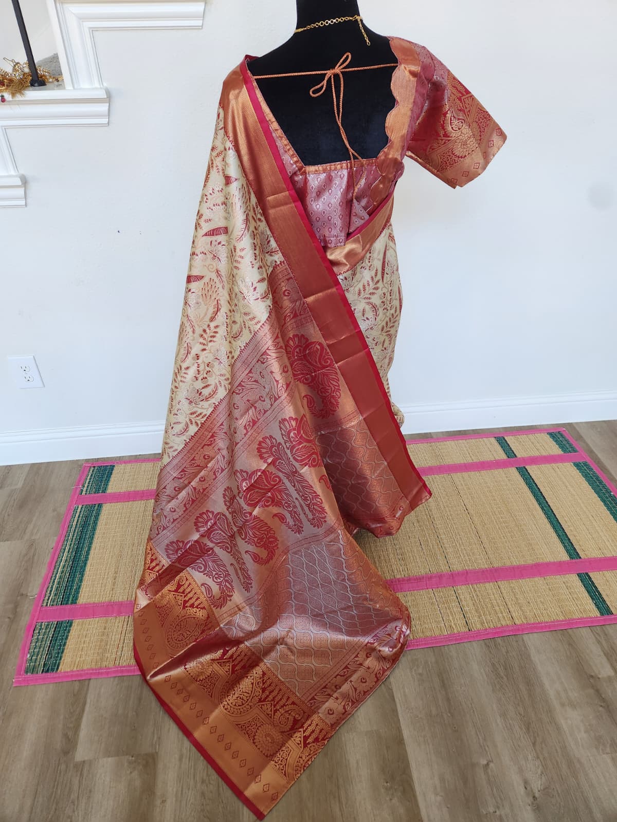 ✨ Premium Kanchipuram Silk Saree – Handpicked Collection ✨ - Ivory/cream body with elegant maroon-red woven floral motifs