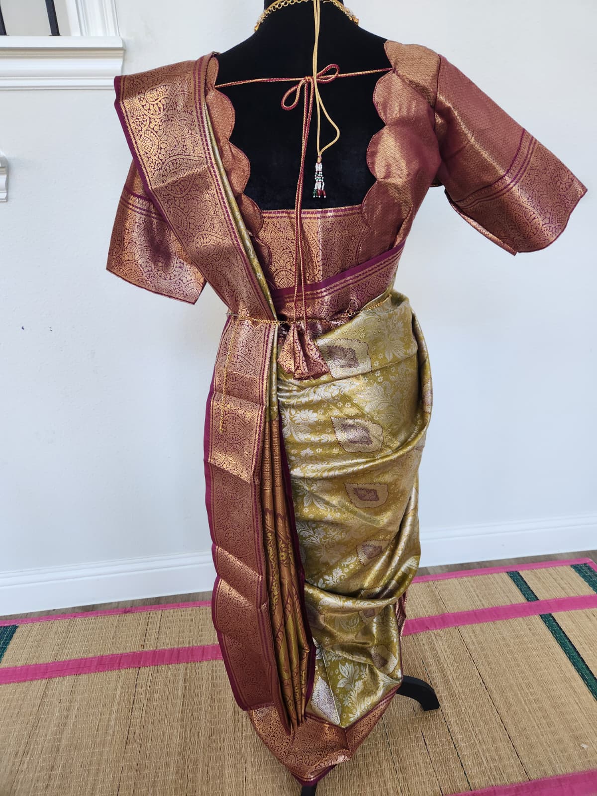 ✨ Premium Handpicked Kanchipuram Silk Saree ✨ - Olive green / Antique-gold body with deep maroon-brown border