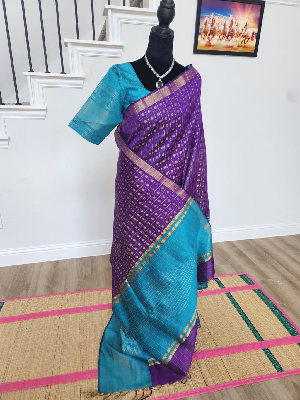 Natural-light front view of the purple 1000 butta silk cotton saree with teal border and blouse