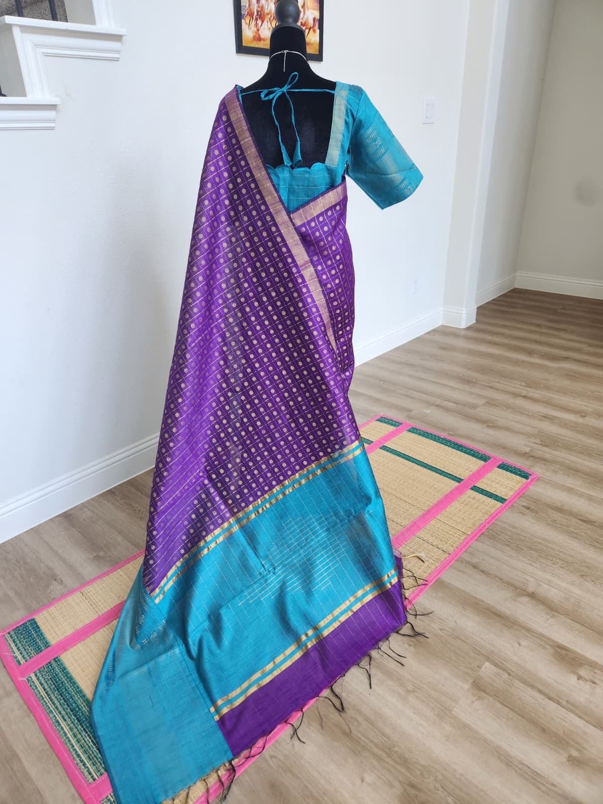 Natural-light back view of the purple 1000 butta saree with teal pallu and blouse tie-back