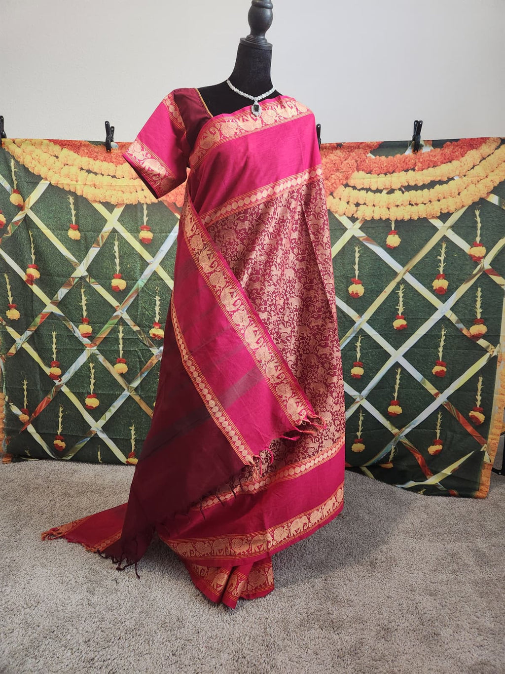 Vana Soundaryam Wine Handloom Silk Cotton Saree, Pink Blouse