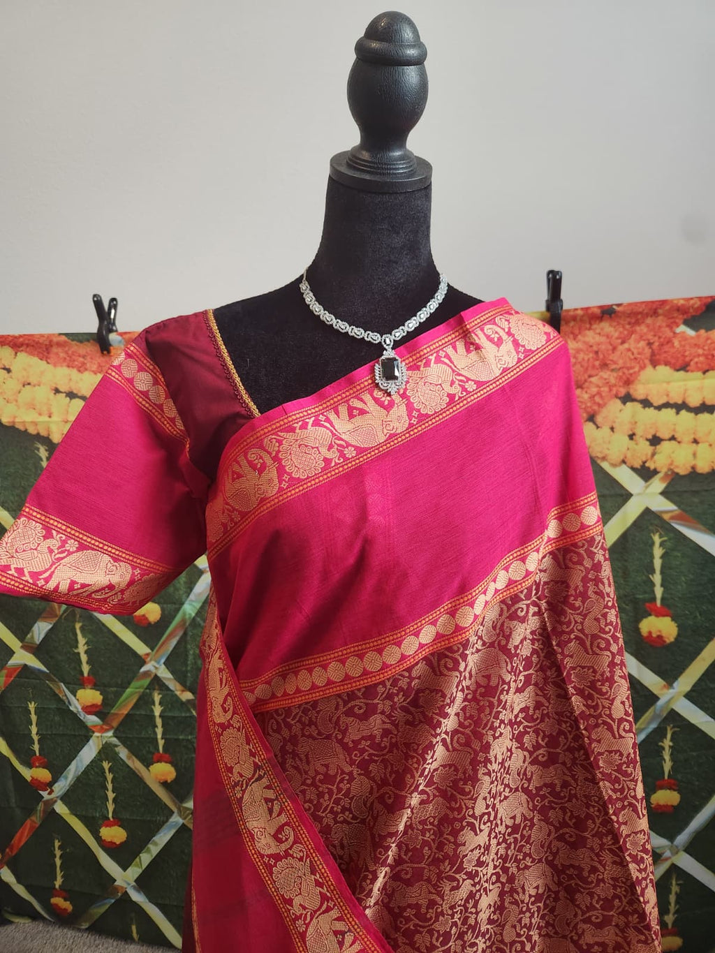 Vana Soundaryam Wine Handloom Silk Cotton Saree, Pink Blouse