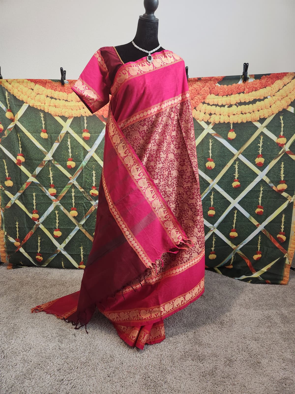 Vana Soundaryam Wine Handloom Silk Cotton Saree, Pink Blouse