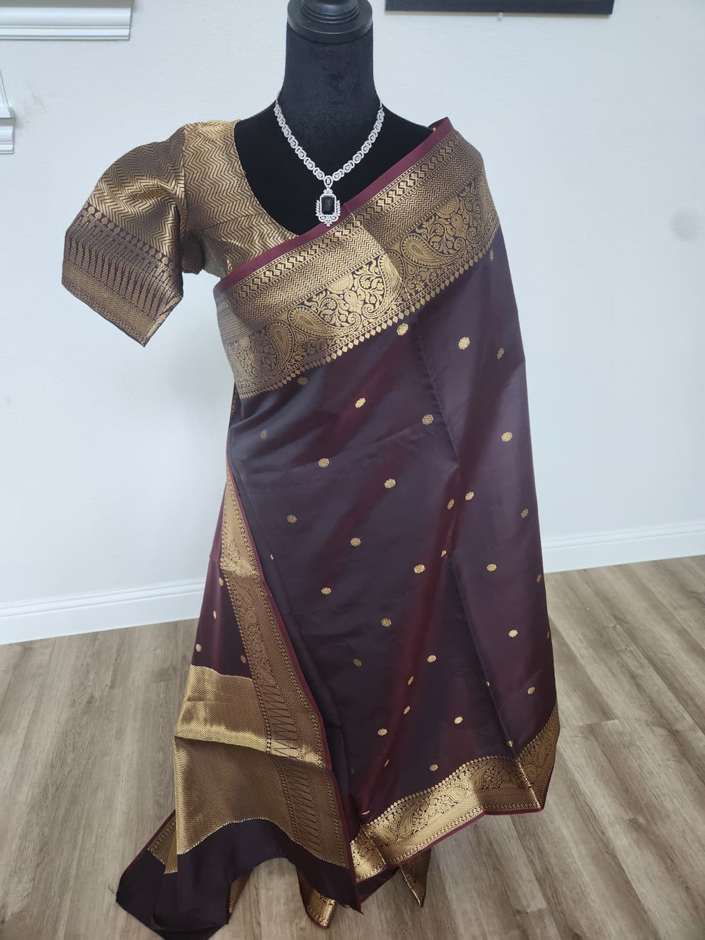 Deep Coffee Brown Kanchi-Style Warm Silk Saree