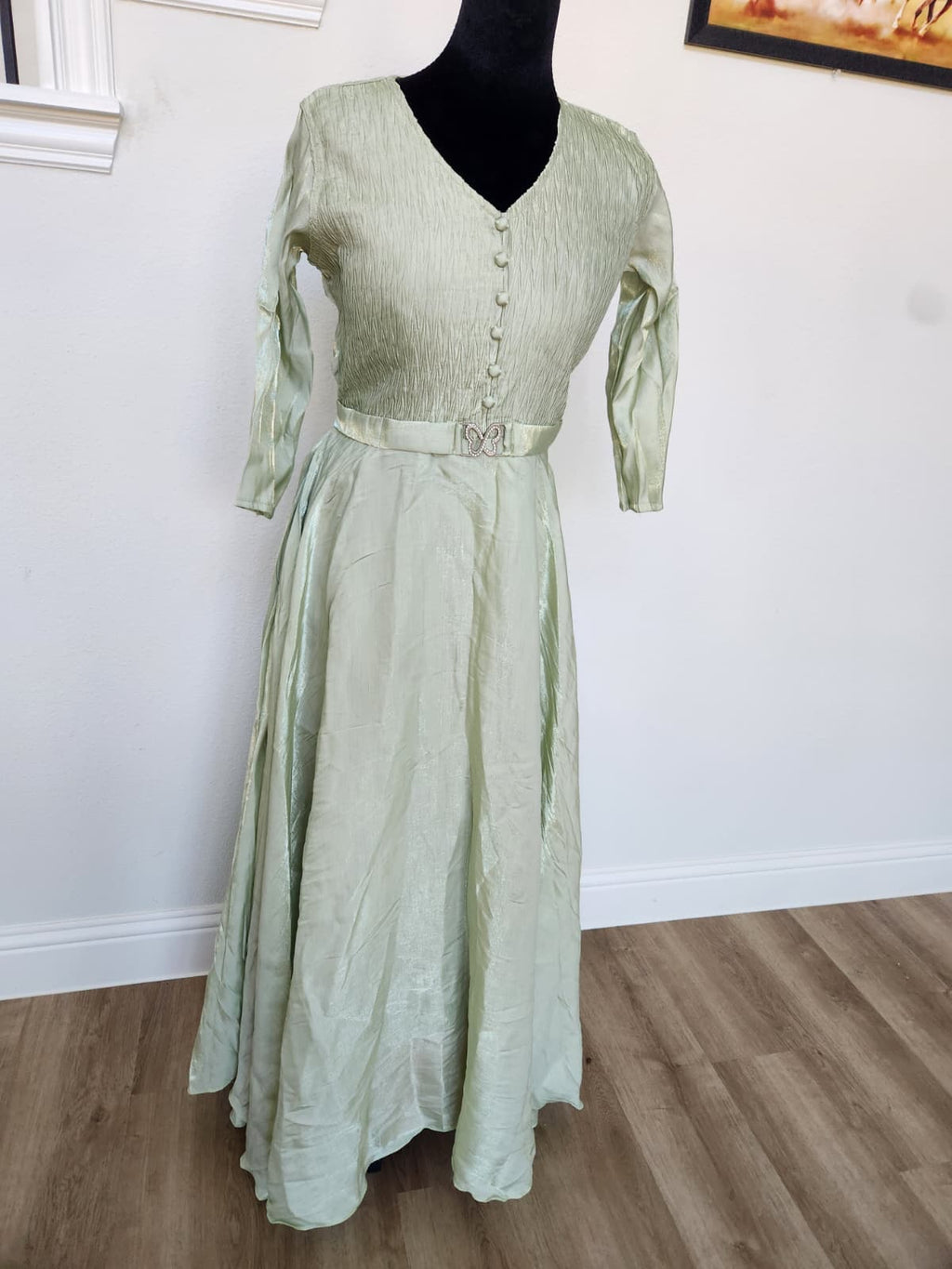 Mint Green Tissue Silk V-Neck Gown with Belt