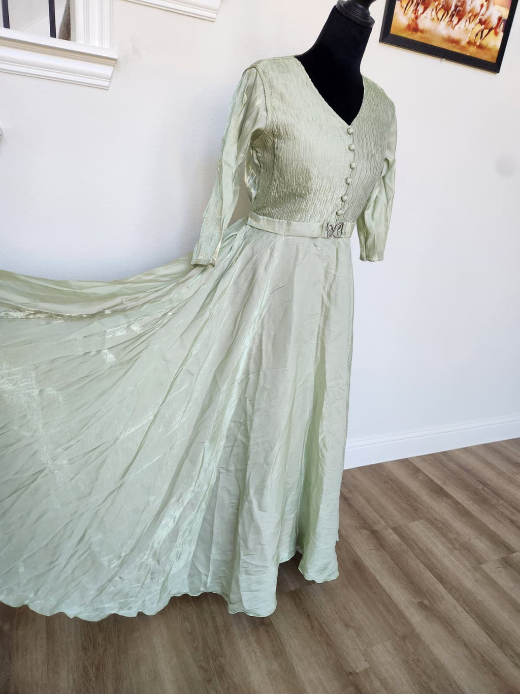 Mint Green Tissue Silk V-Neck Gown with Belt