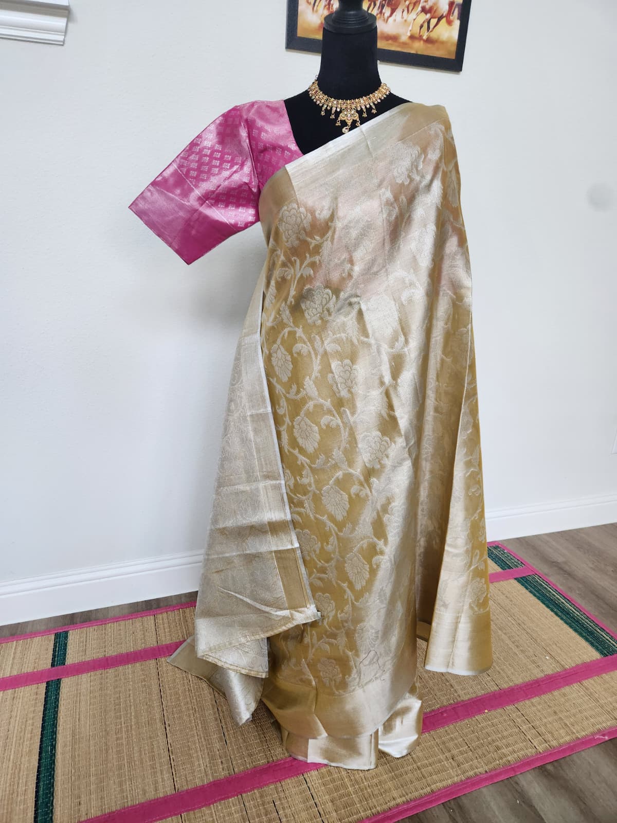 Gold Tissue Silk Saree with Pink Ikat Blouse