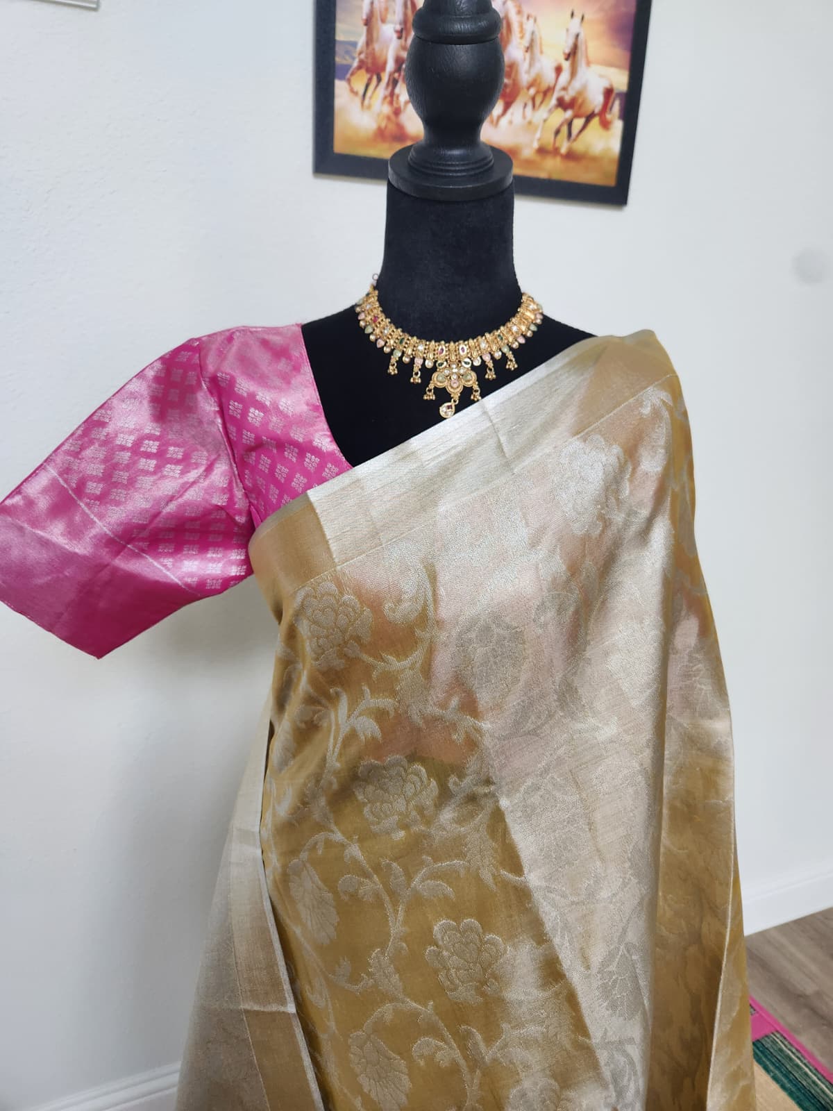 Gold Tissue Silk Saree with Pink Ikat Blouse