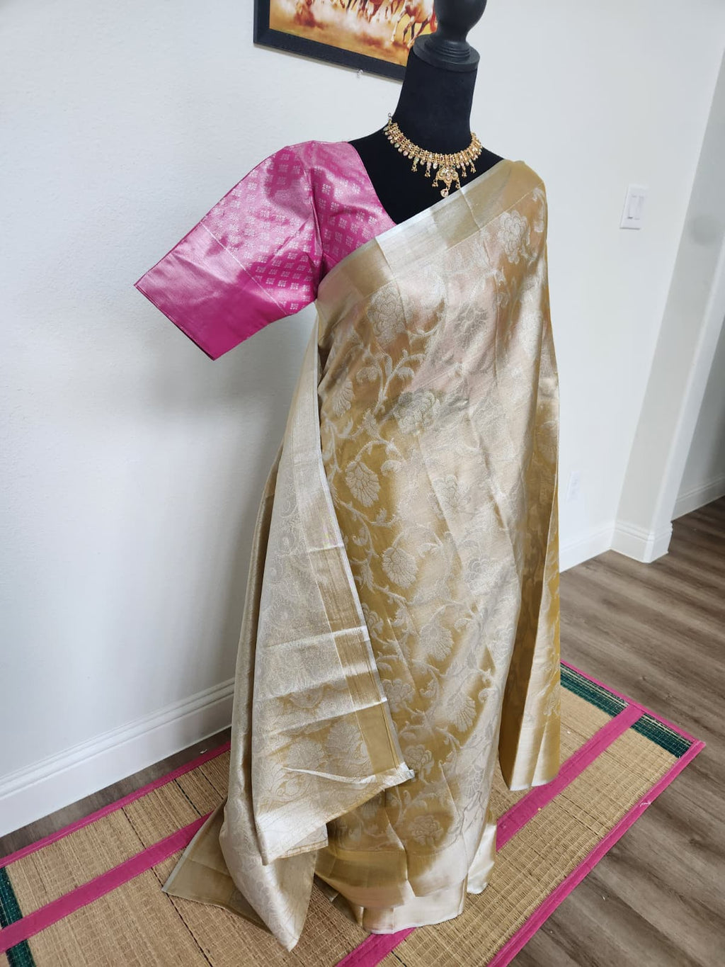 Gold Tissue Silk Saree with Pink Ikat Blouse