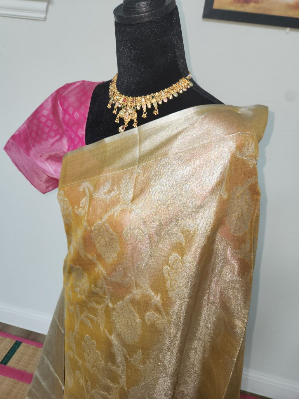 Gold Tissue Silk Saree with Pink Ikat Blouse