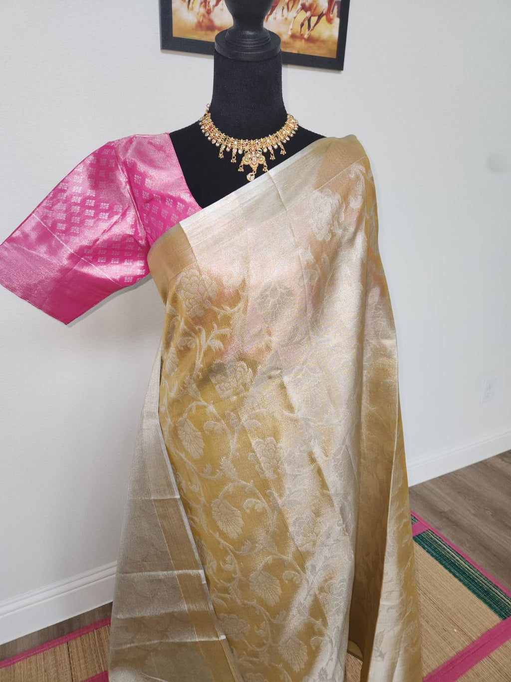 Gold Tissue Silk Saree with Pink Ikat Blouse