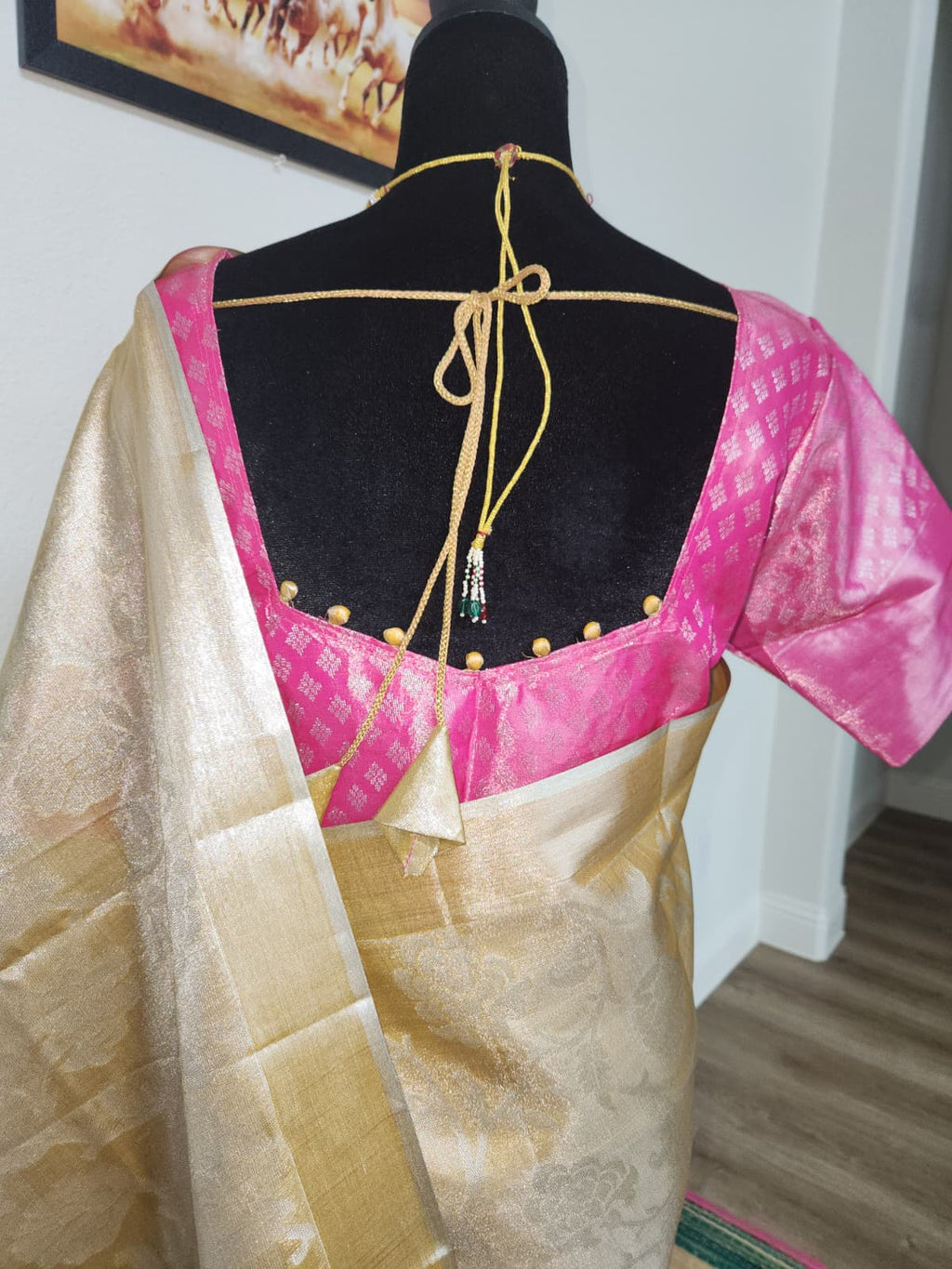 Gold Tissue Silk Saree with Pink Ikat Blouse