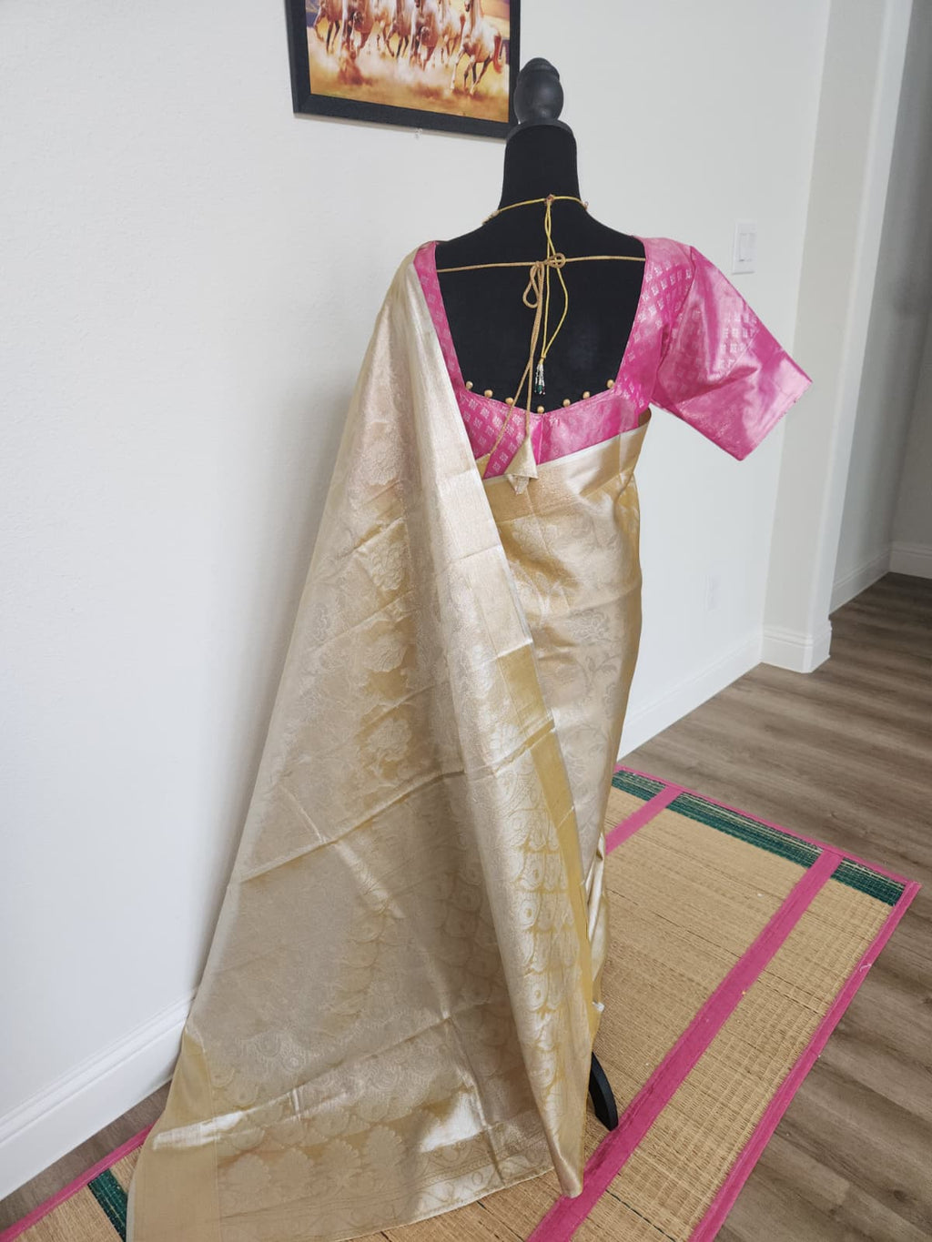 Gold Tissue Silk Saree with Pink Ikat Blouse