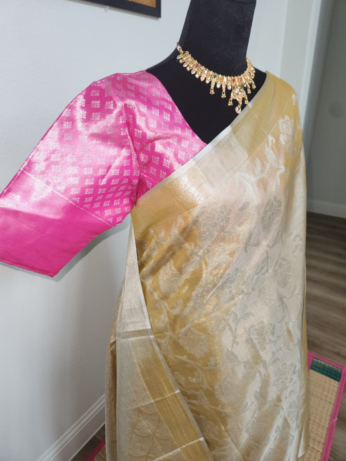 Gold Tissue Silk Saree with Pink Ikat Blouse