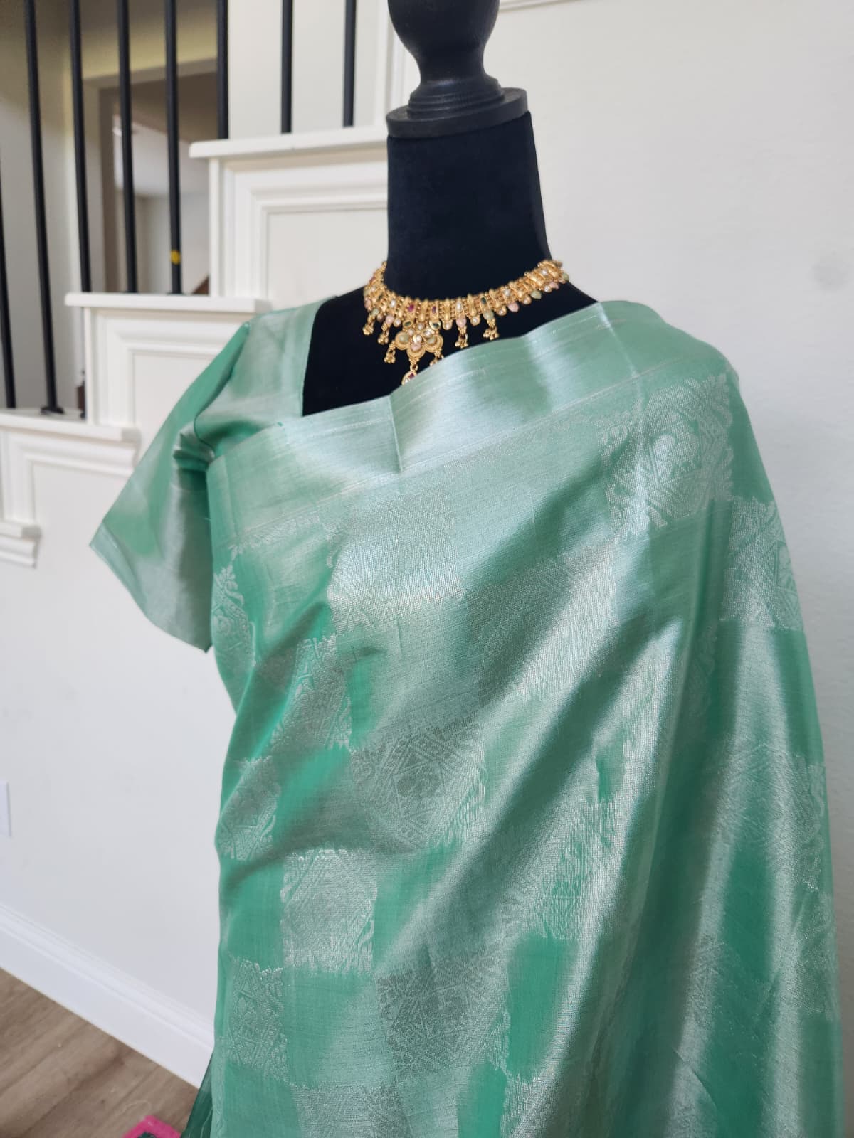 Sea Green Tissue Silk Saree, Silver Zari Weave