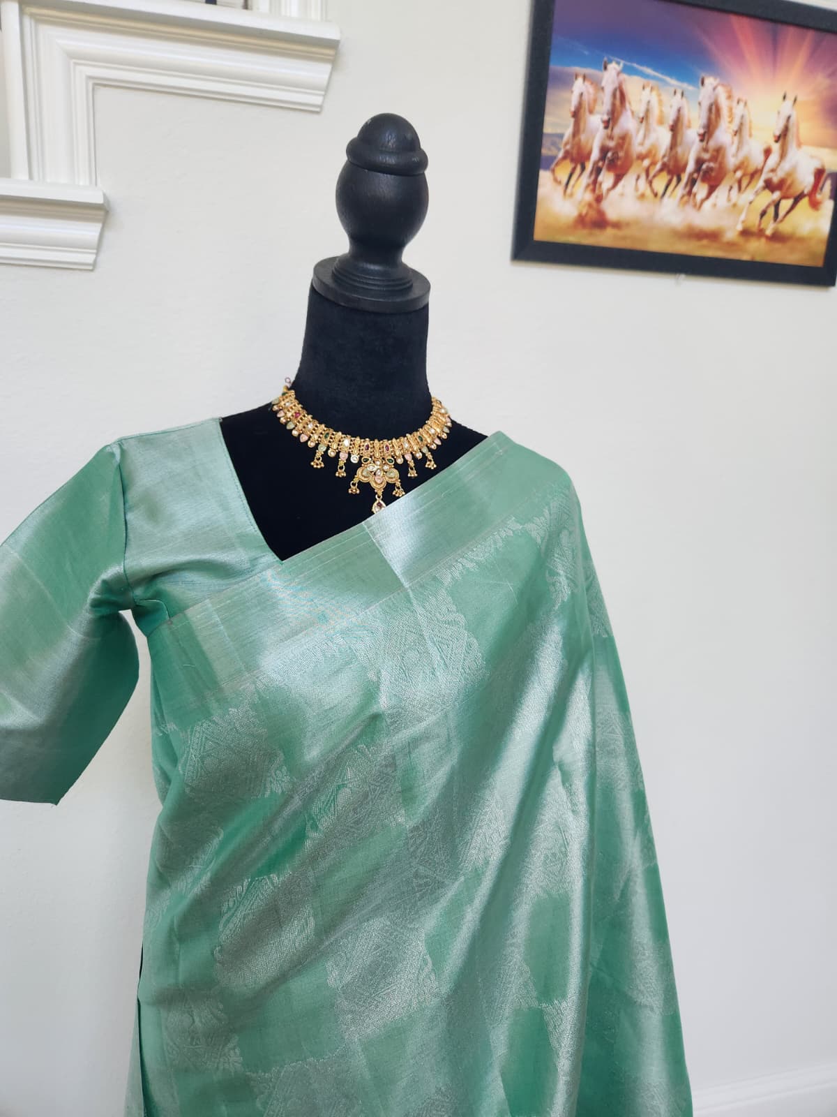 Sea Green Tissue Silk Saree, Silver Zari Weave