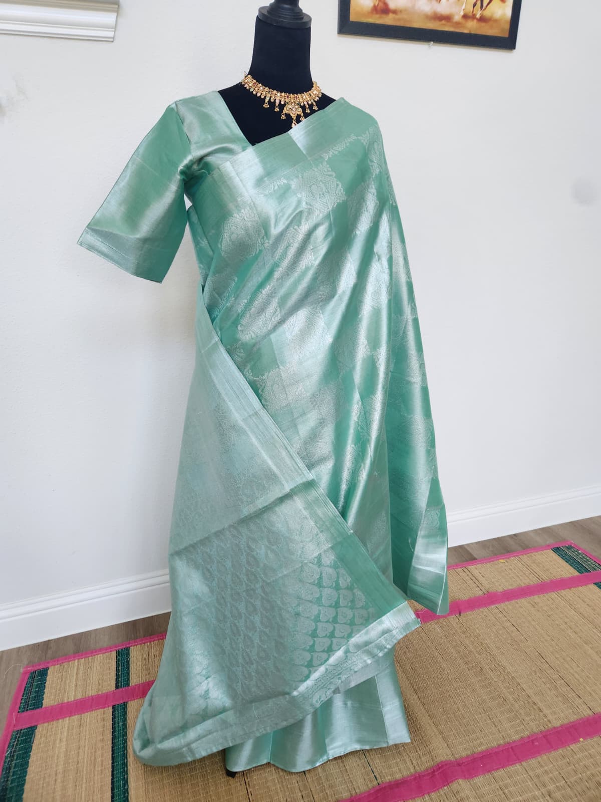 Sea Green Tissue Silk Saree, Silver Zari Weave