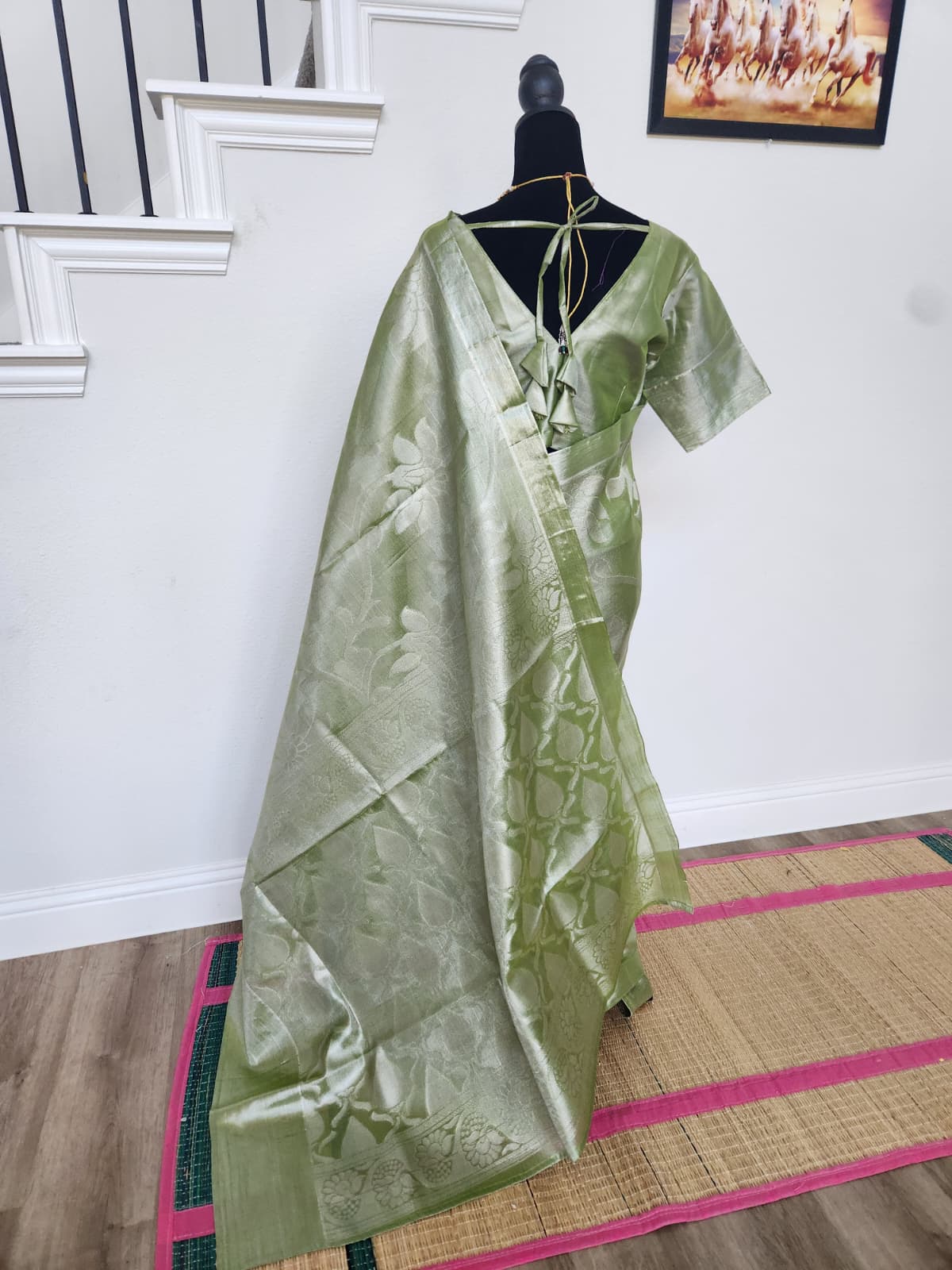 Olive Green Tissue Silk Saree, Silver Floral Zari