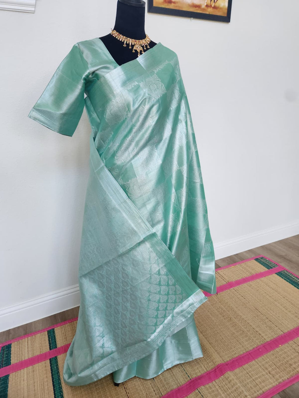 Sea Green Tissue Silk Saree, Silver Zari Weave