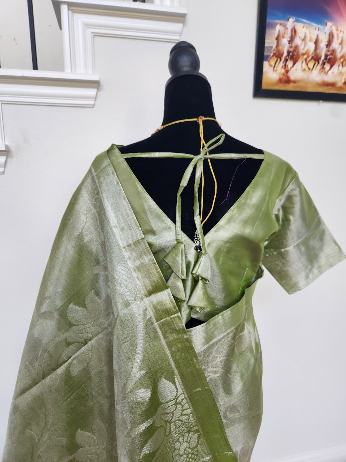 Olive Green Tissue Silk Saree, Silver Floral Zari