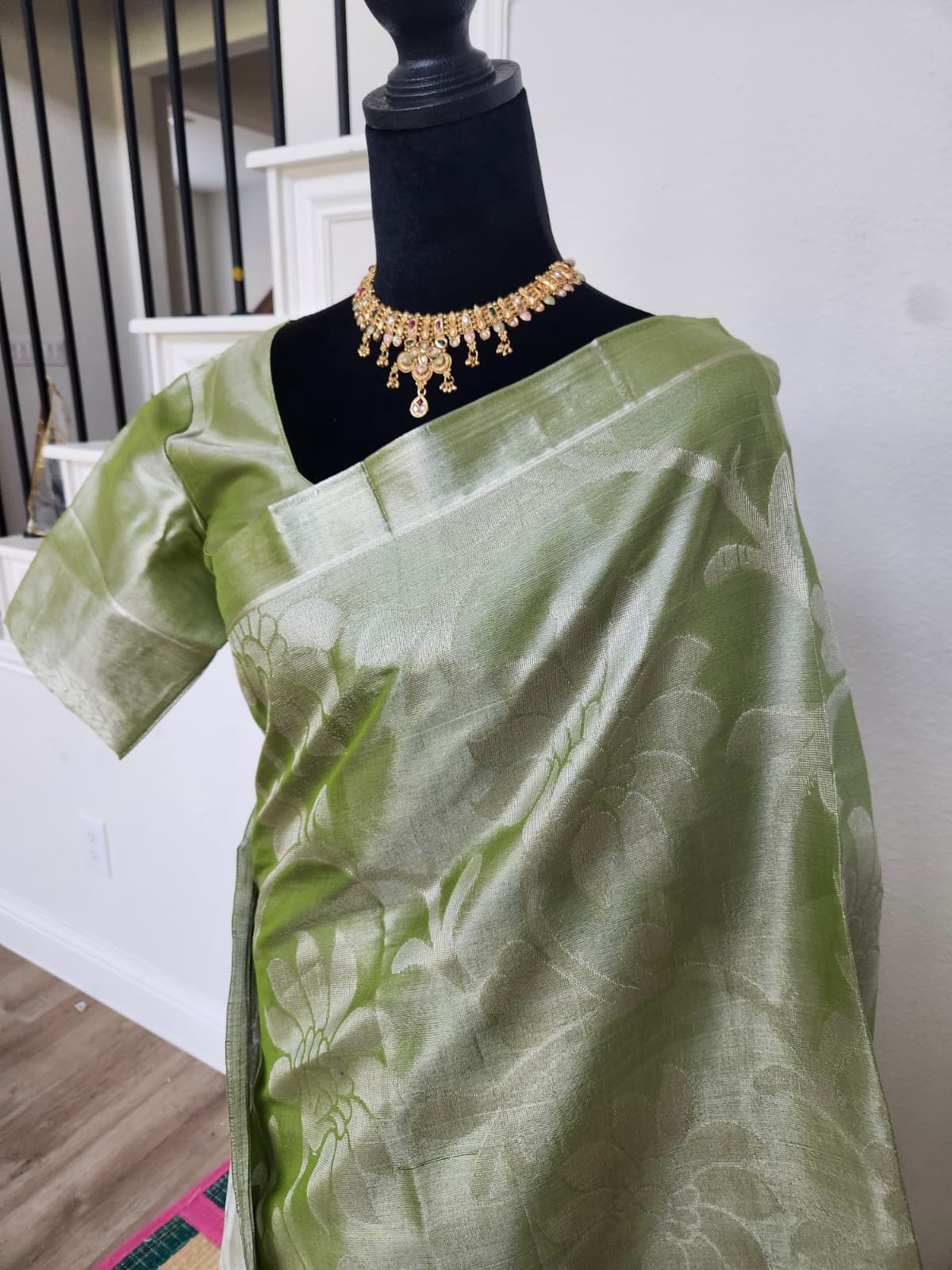 Olive Green Tissue Silk Saree, Silver Floral Zari