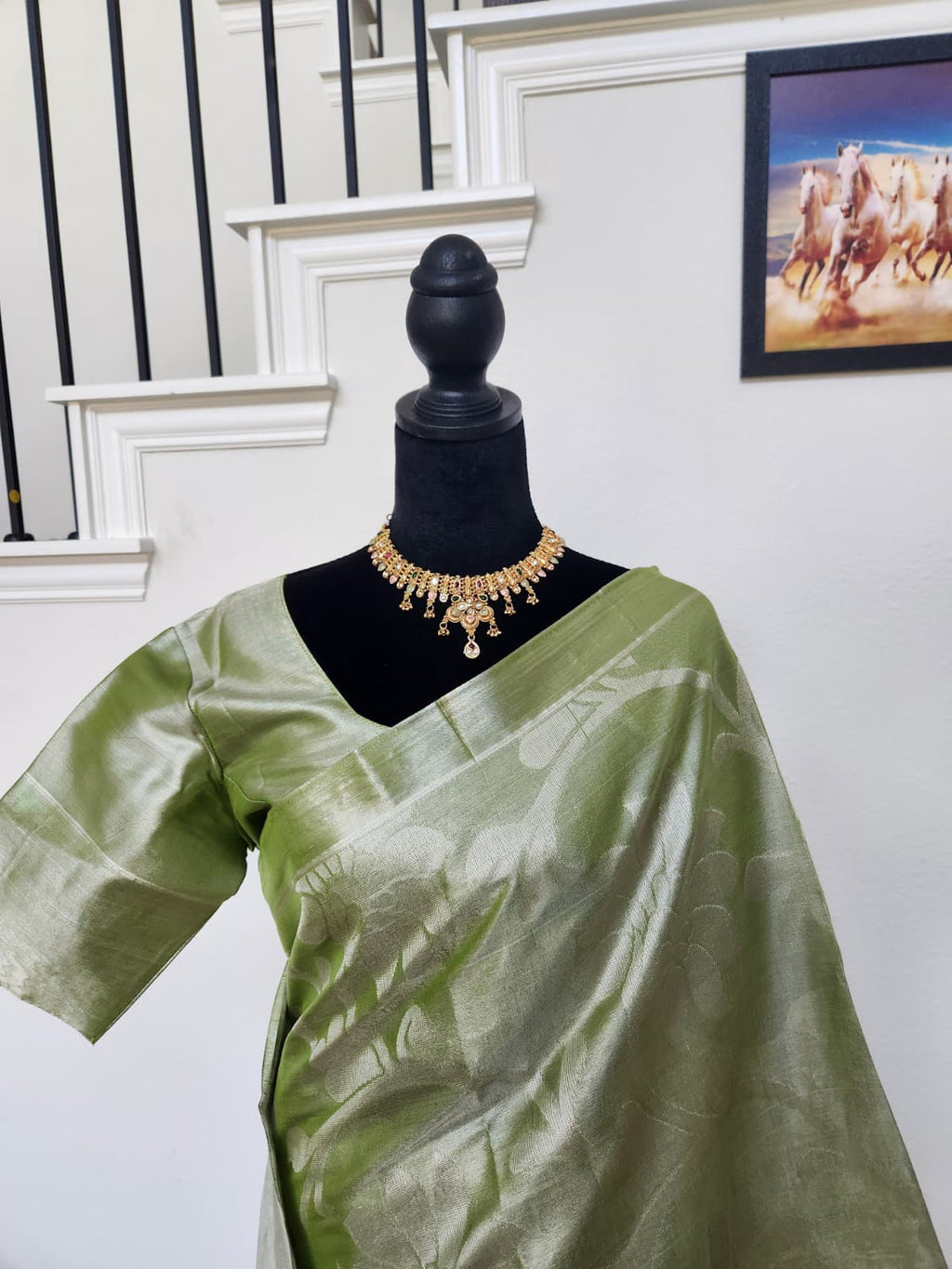 Olive Green Tissue Silk Saree, Silver Floral Zari