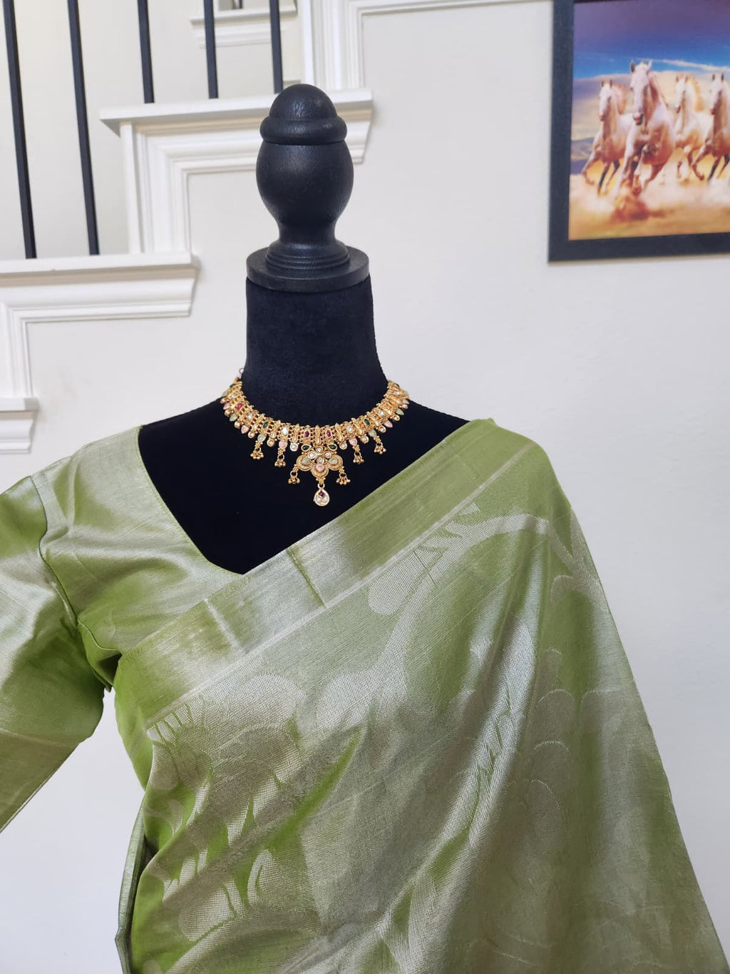 Olive Green Tissue Silk Saree, Silver Floral Zari
