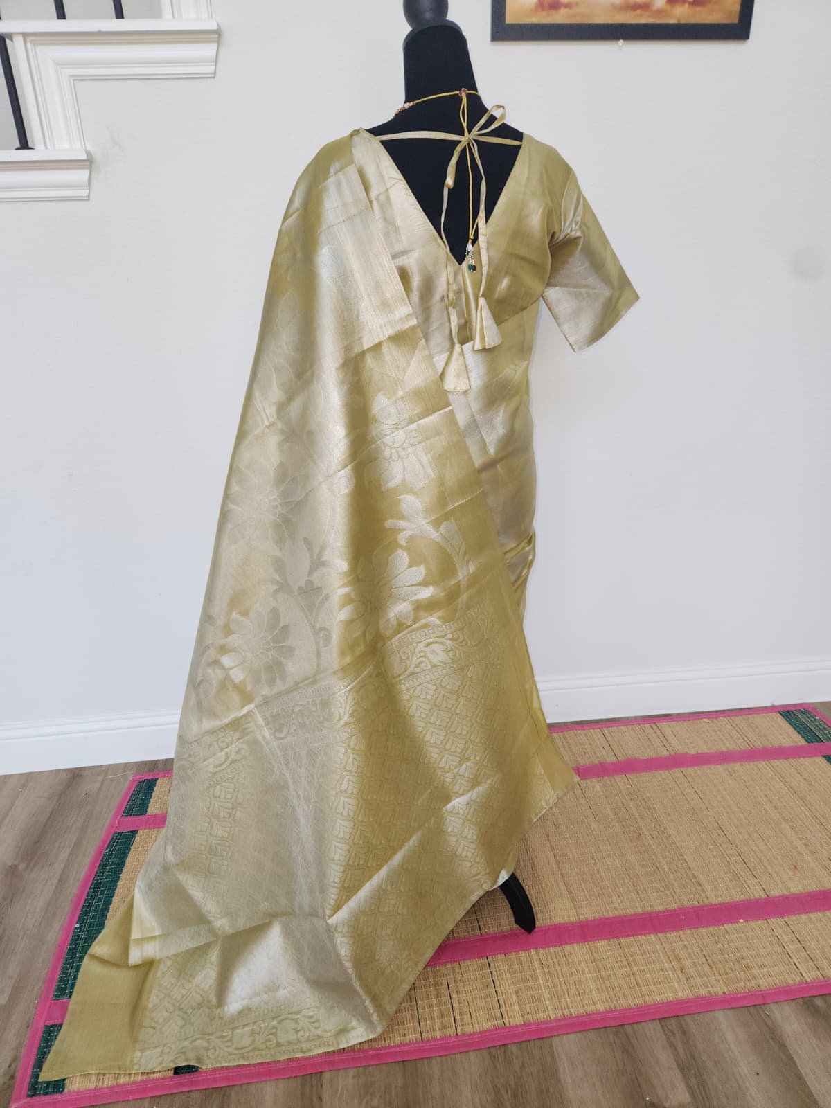 Champagne Gold Tissue Silk Saree, Floral Zari Weave