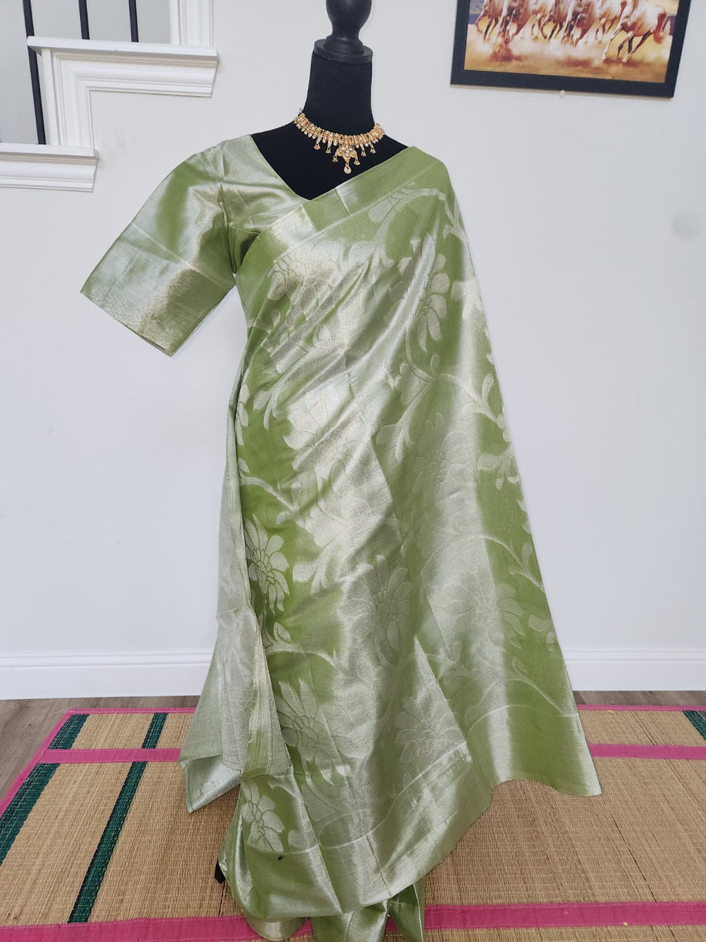 Olive Green Tissue Silk Saree, Silver Floral Zari