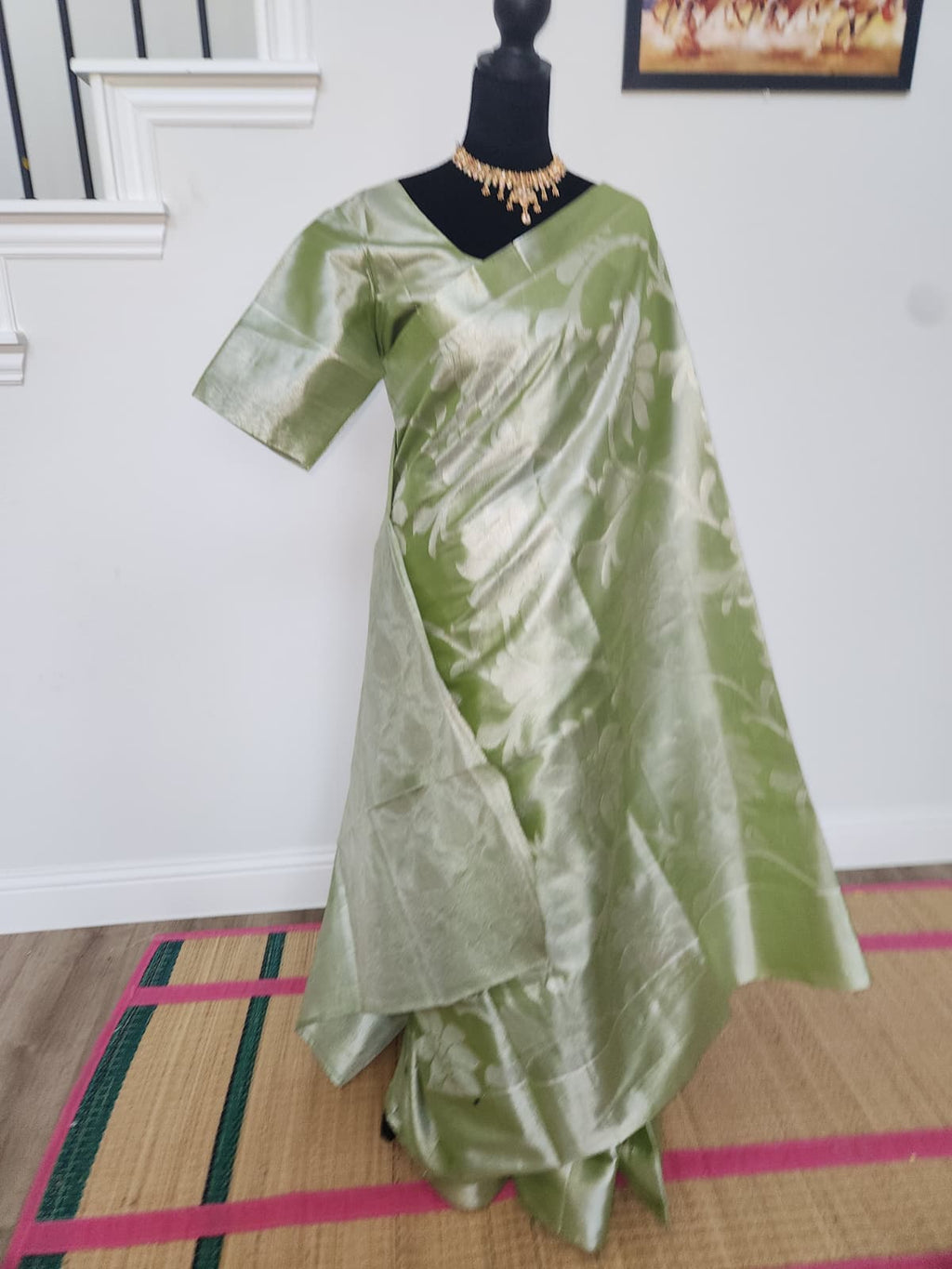 Olive Green Tissue Silk Saree, Silver Floral Zari