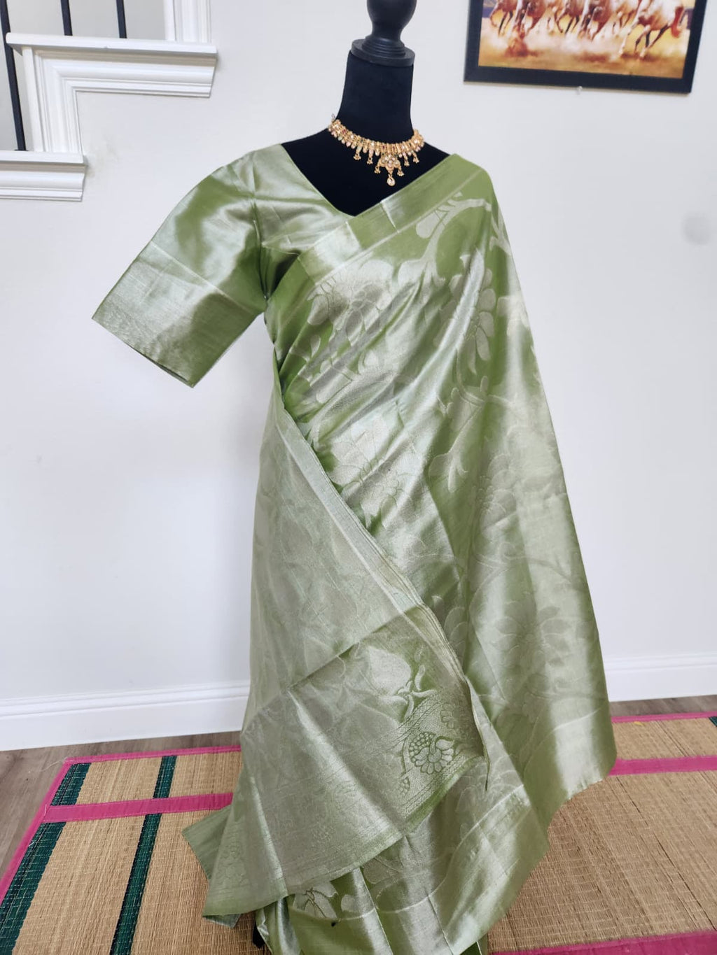 Olive Green Tissue Silk Saree, Silver Floral Zari