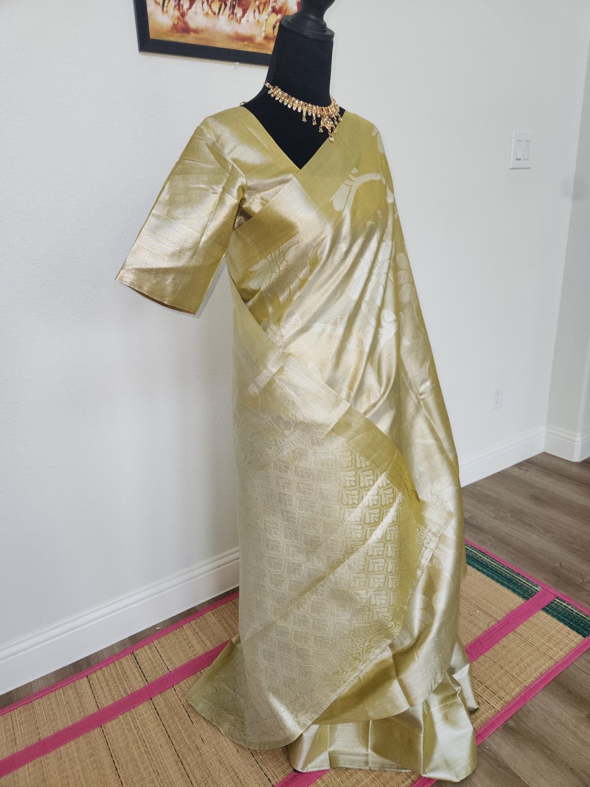 Champagne Gold Tissue Silk Saree, Floral Zari Weave