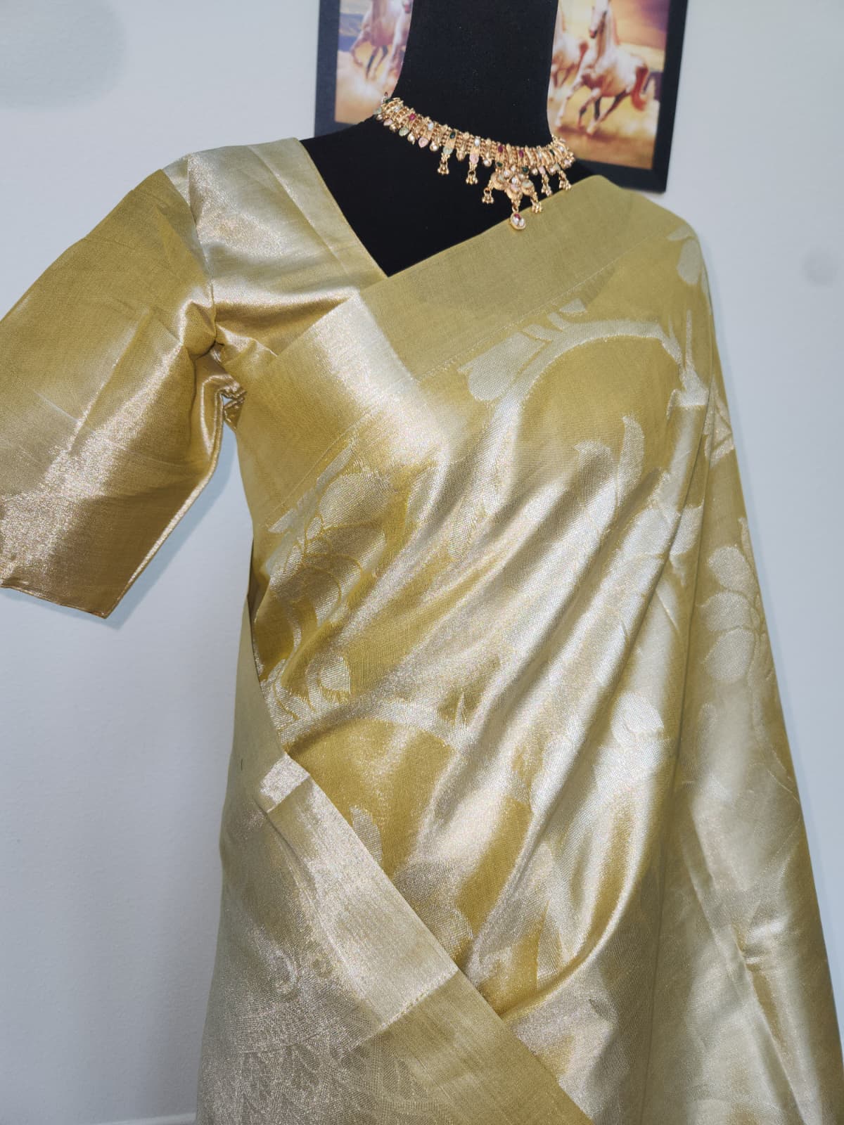 Champagne Gold Tissue Silk Saree, Floral Zari Weave