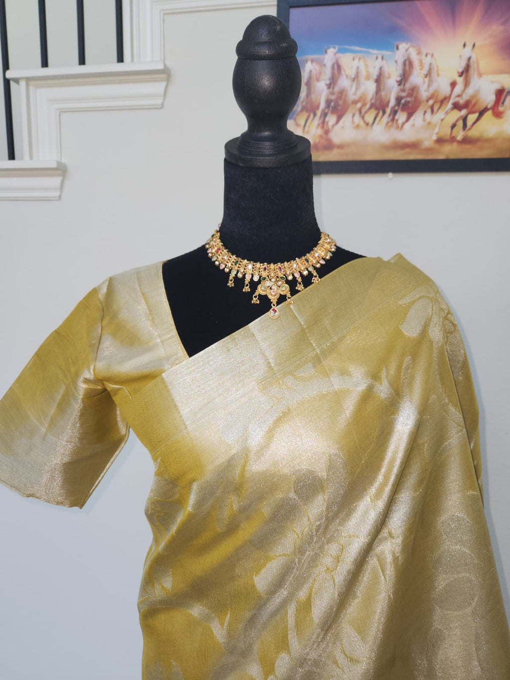 Champagne Gold Tissue Silk Saree, Floral Zari Weave