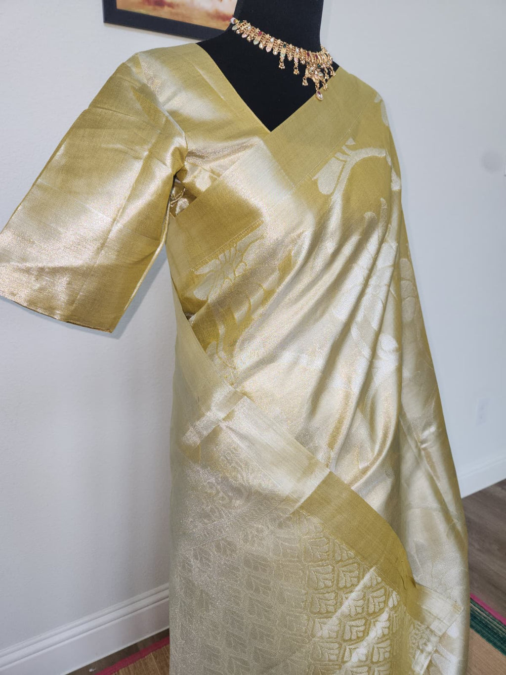 Champagne Gold Tissue Silk Saree, Floral Zari Weave