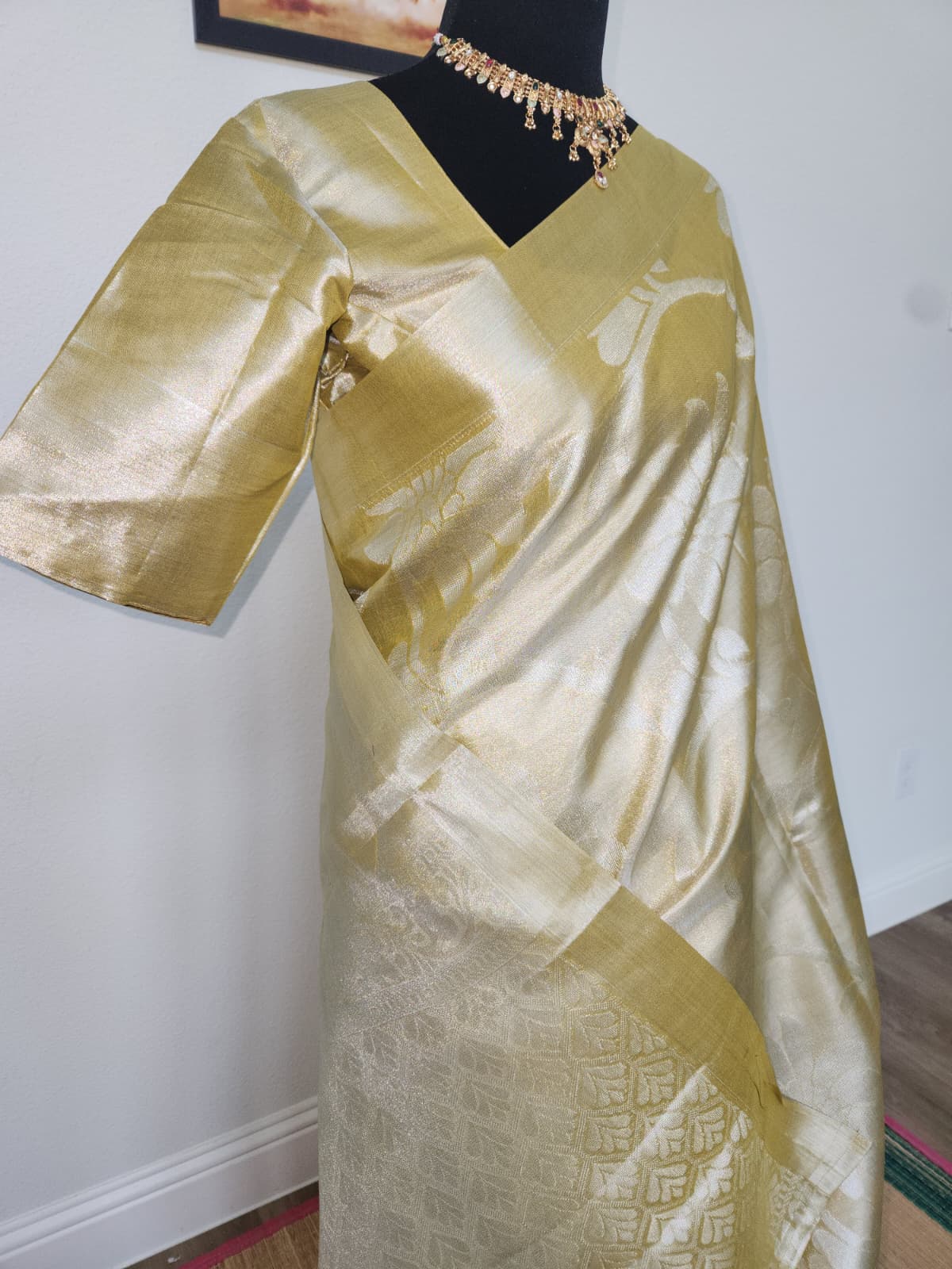 Champagne Gold Tissue Silk Saree, Floral Zari Weave