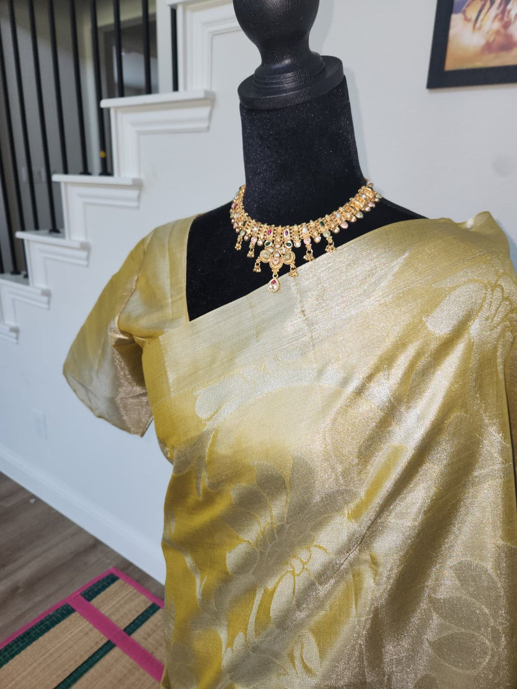 Champagne Gold Tissue Silk Saree, Floral Zari Weave