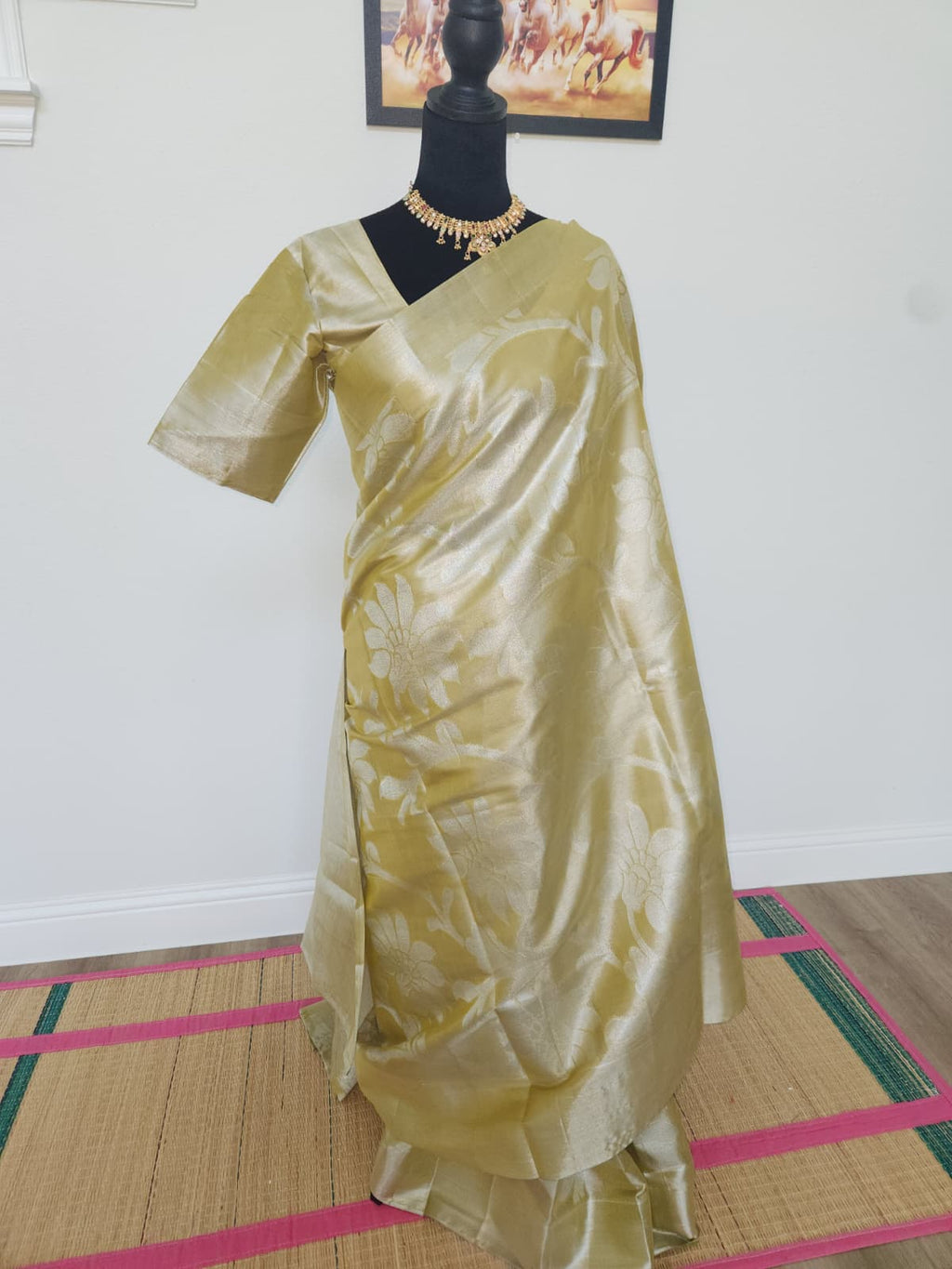 Champagne Gold Tissue Silk Saree, Floral Zari Weave