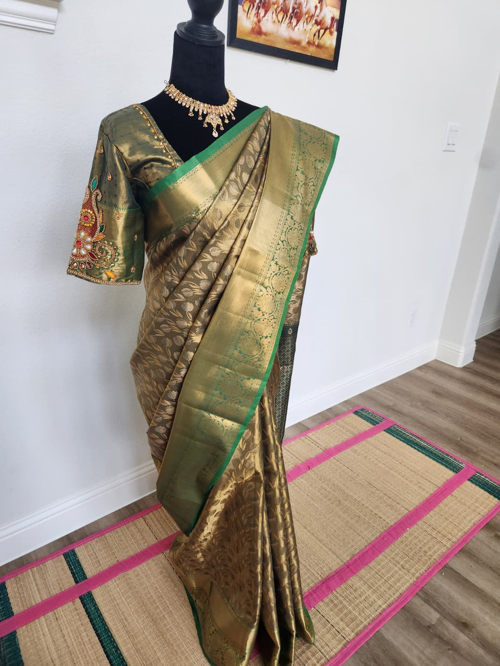 Green & Antique Gold Kanchivaram Silk Saree