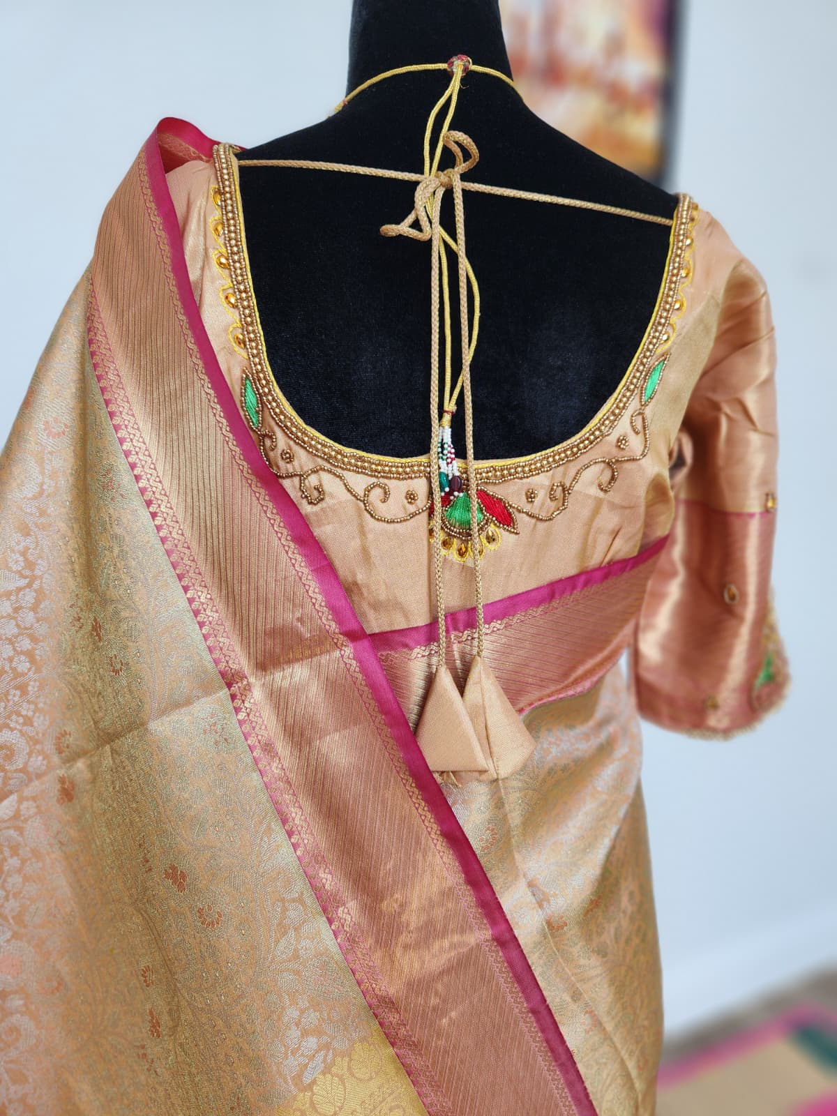 Gold Kanchivaram Silk Saree with Pink Border