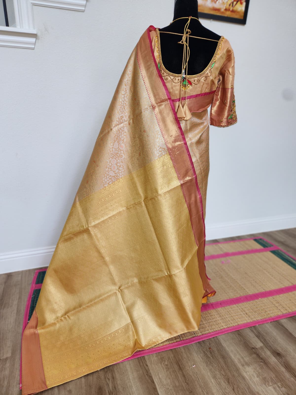Gold Kanchivaram Silk Saree with Pink Border