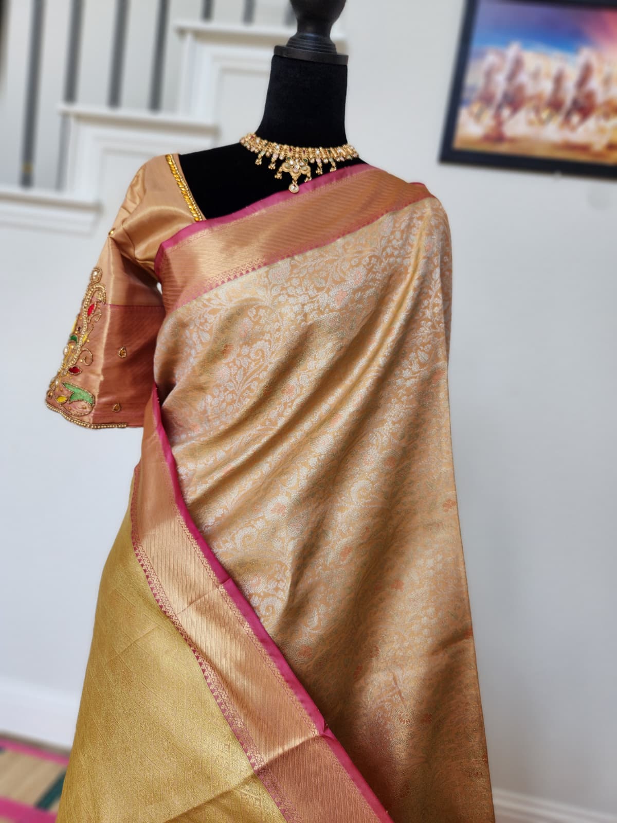 Gold Kanchivaram Silk Saree with Pink Border