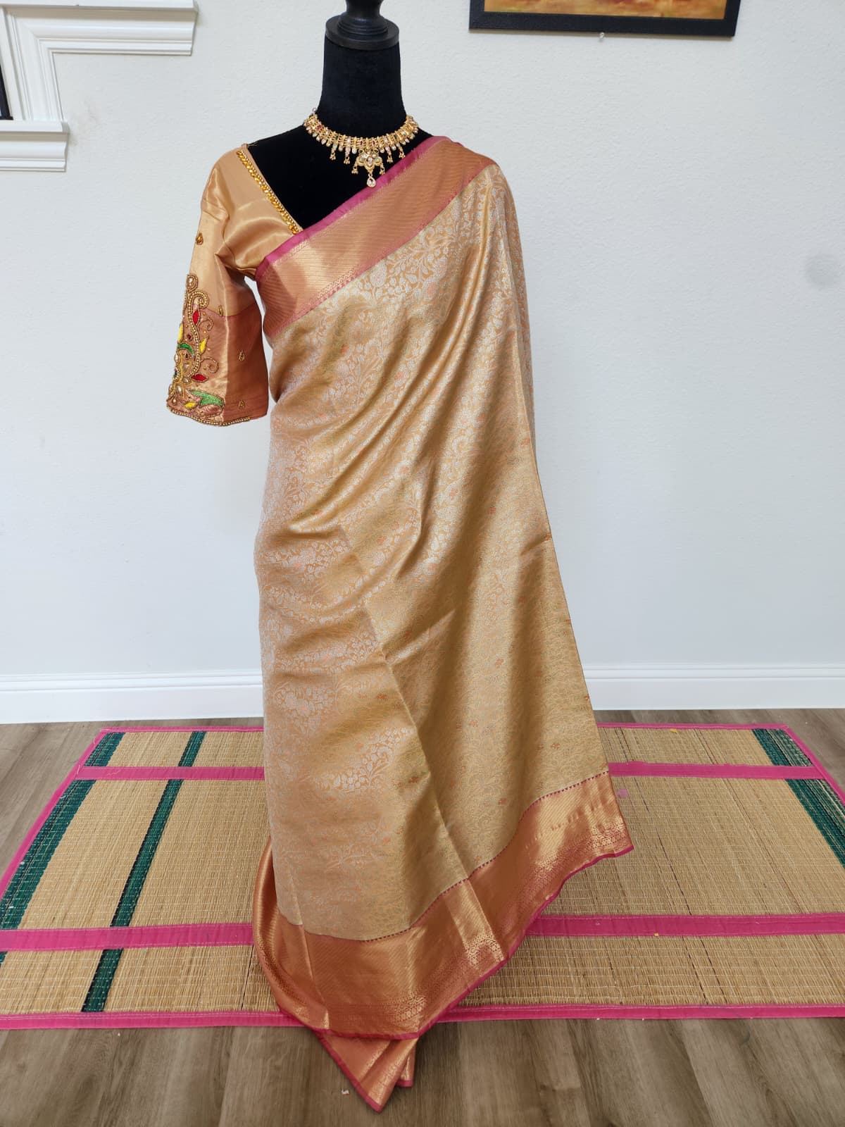 Gold Kanchivaram Silk Saree with Pink Border