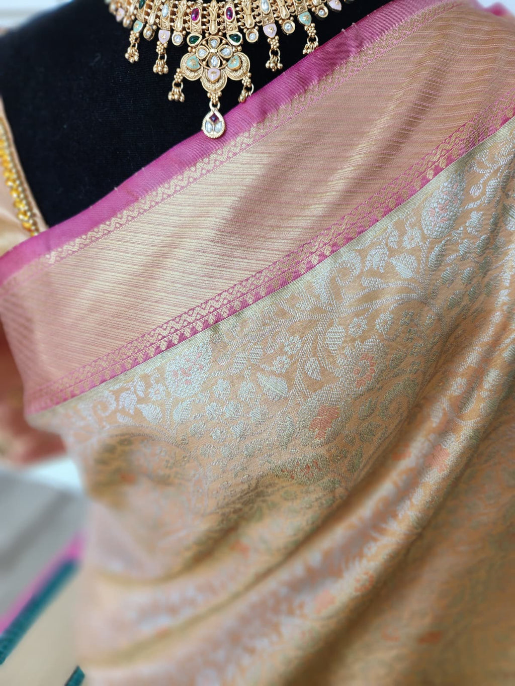 Gold Kanchivaram Silk Saree with Pink Border
