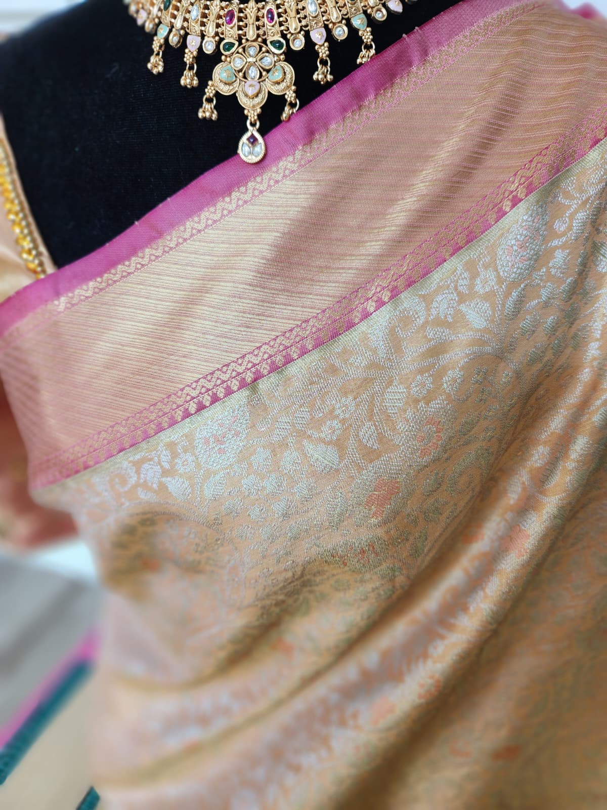 Gold Kanchivaram Silk Saree with Pink Border