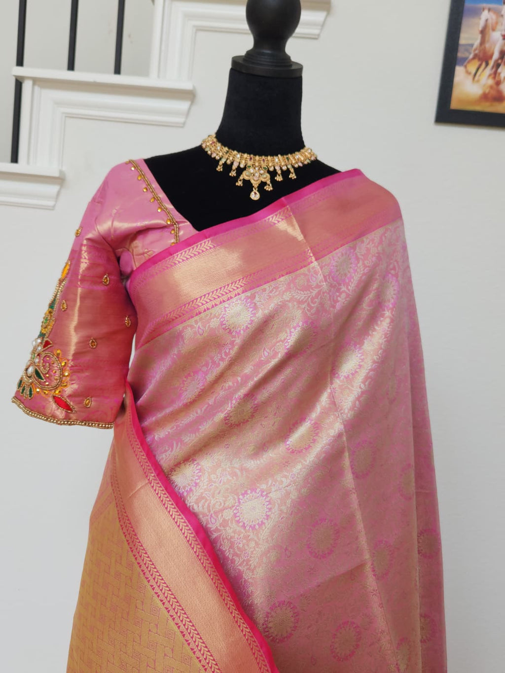 Baby Pink Kanchivaram Silk Saree, Maggam Blouse