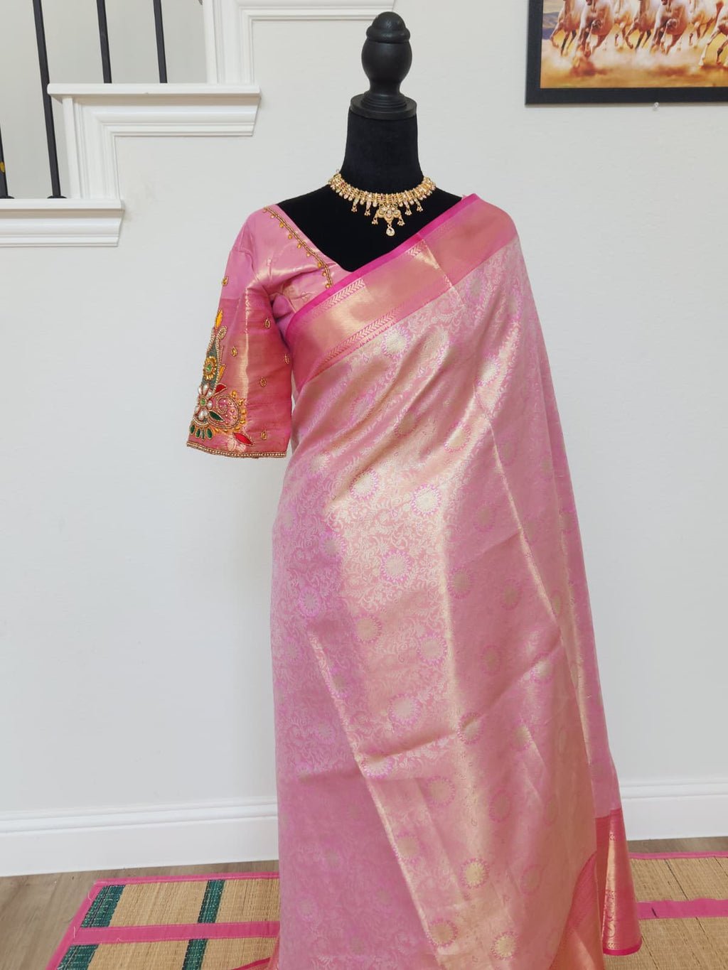 Baby Pink Kanchivaram Silk Saree, Maggam Blouse