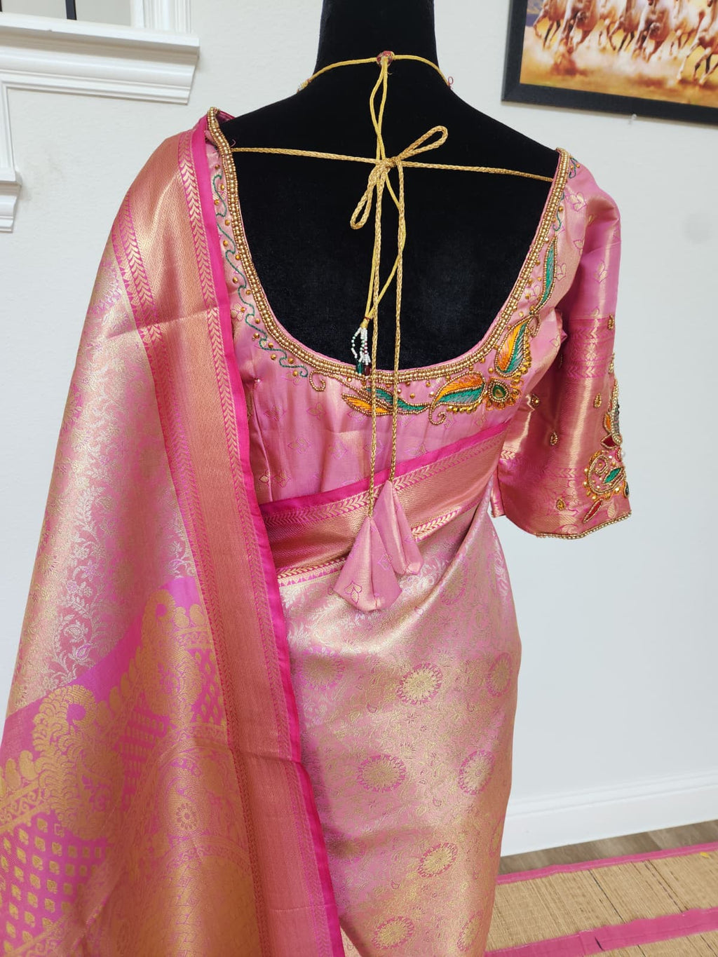 Baby Pink Kanchivaram Silk Saree, Maggam Blouse