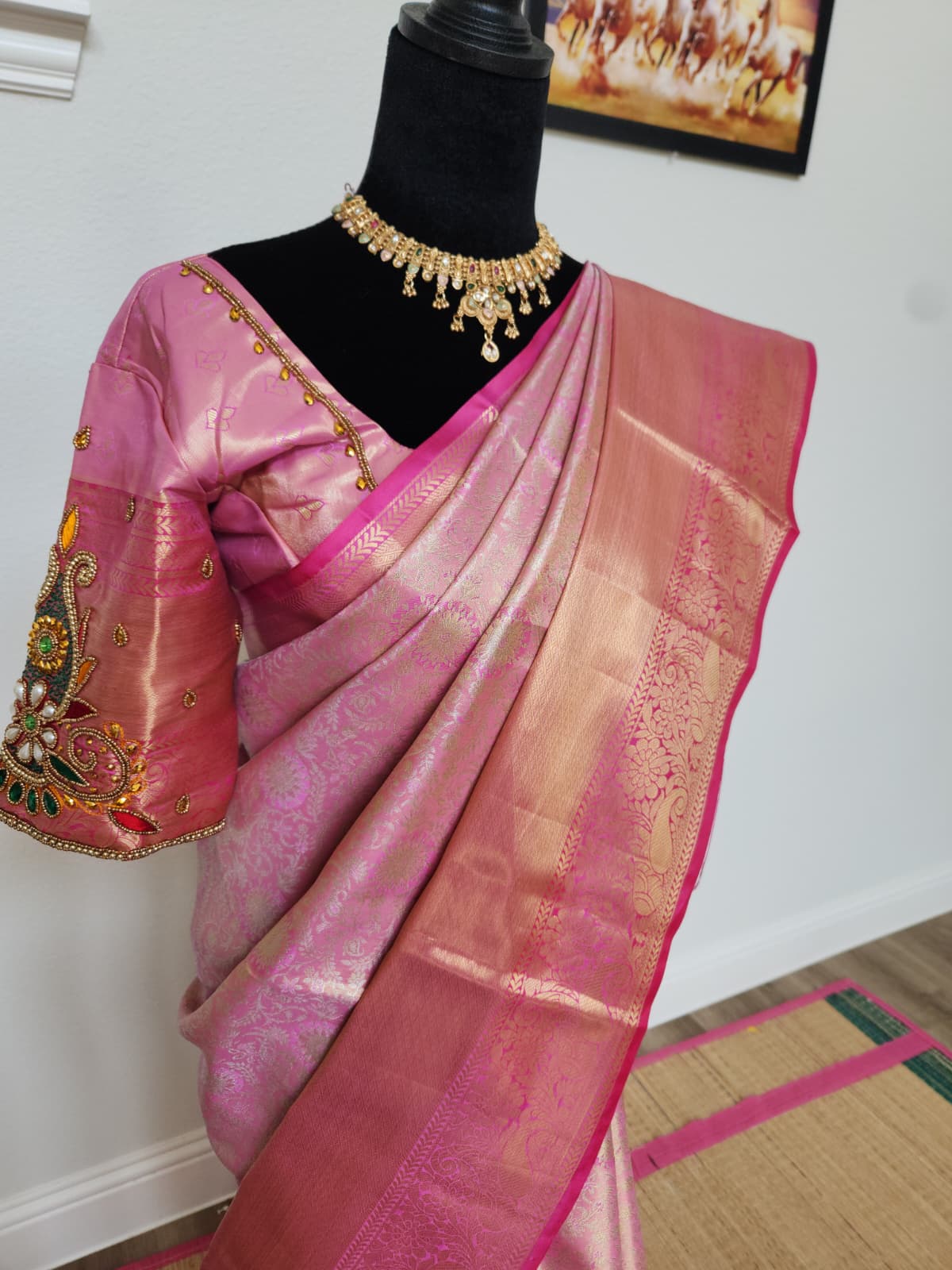 Baby Pink Kanchivaram Silk Saree, Maggam Blouse