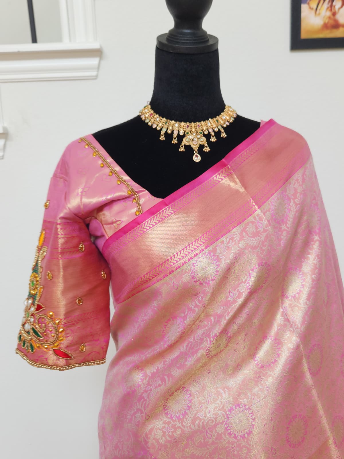 Baby Pink Kanchivaram Silk Saree, Maggam Blouse